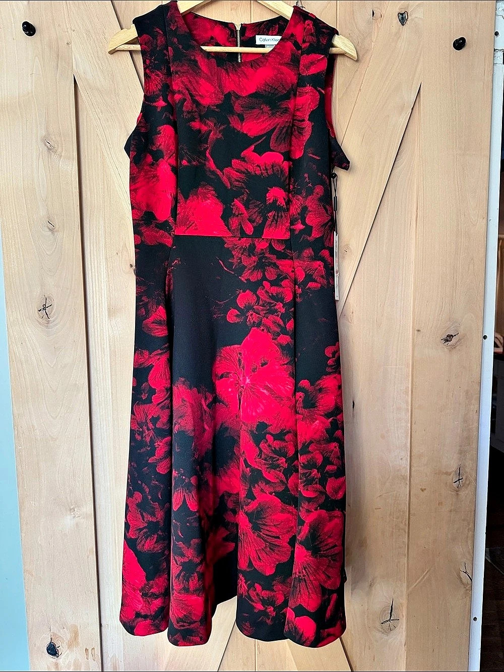 Calvin Klein Floral Midi Dress in Black & Red Size 10 NWT
